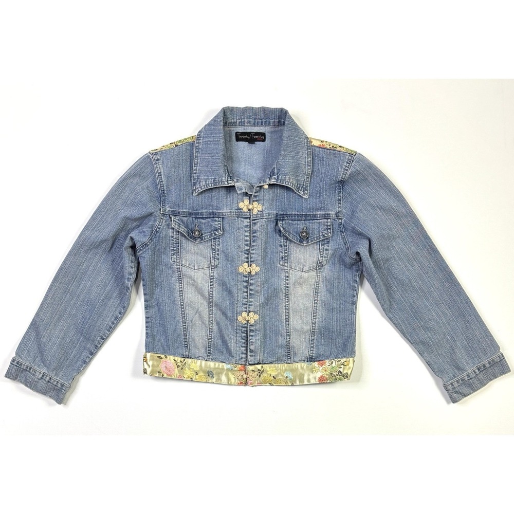 Twenty/Twenty Jeans Denim Jacket Girls Size T4 Floral Fabric Blue Frog Closure
